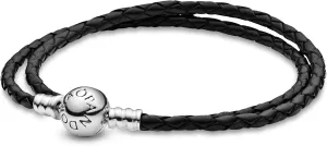 Pandora Jewelry Black Leather Charm Sterling Silver Bracelet, 16.1", No Box