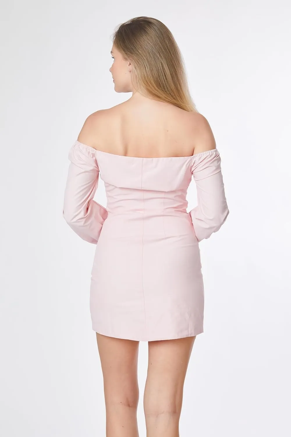 Paradigm Women's Pink Marshmallow Long Sleeve Sweetheart Mini Dress (XS-2X), Off-Shoulder, Ruched, Bell Sleeves