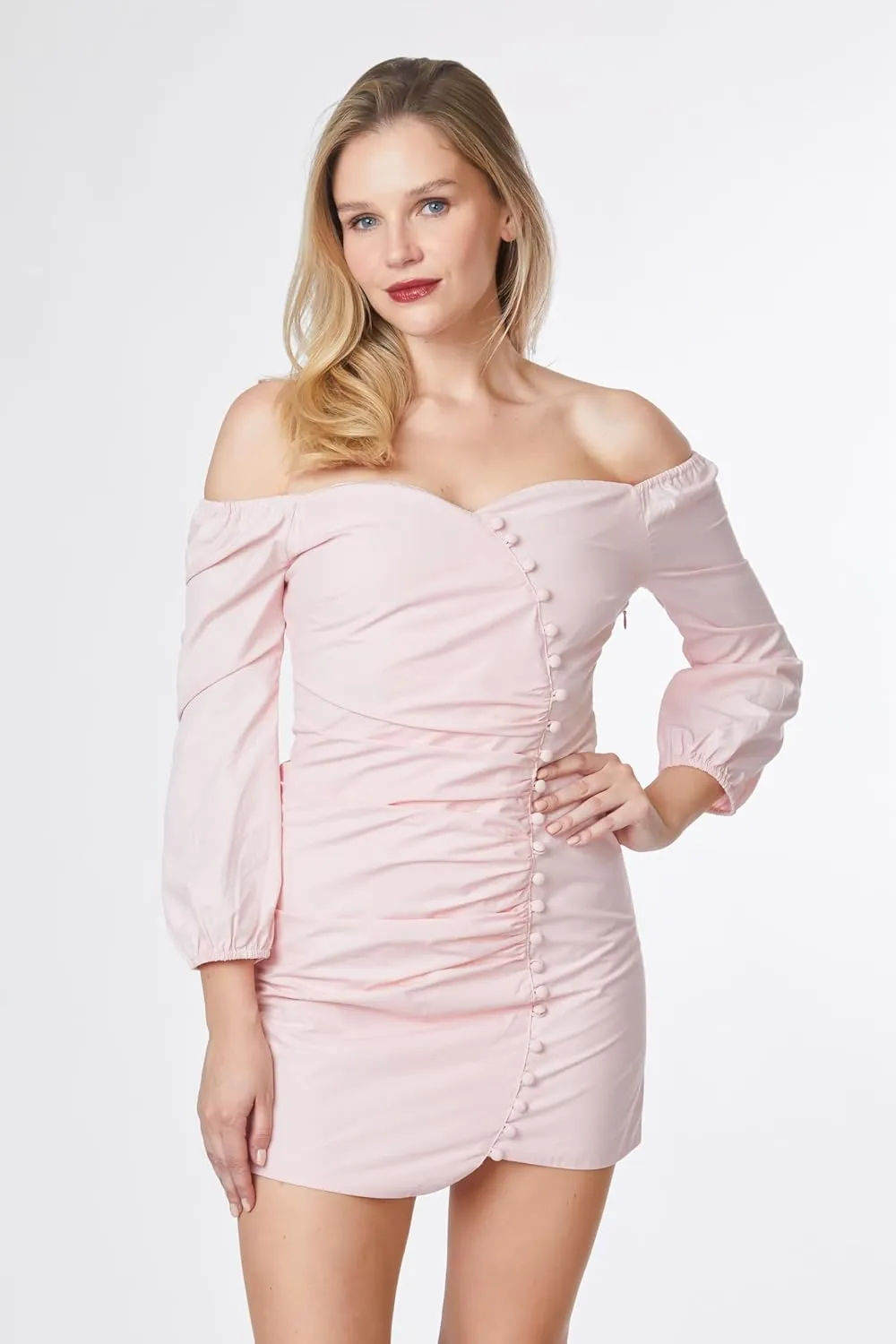Paradigm Women's Pink Marshmallow Long Sleeve Sweetheart Mini Dress (XS-2X), Off-Shoulder, Ruched, Bell Sleeves