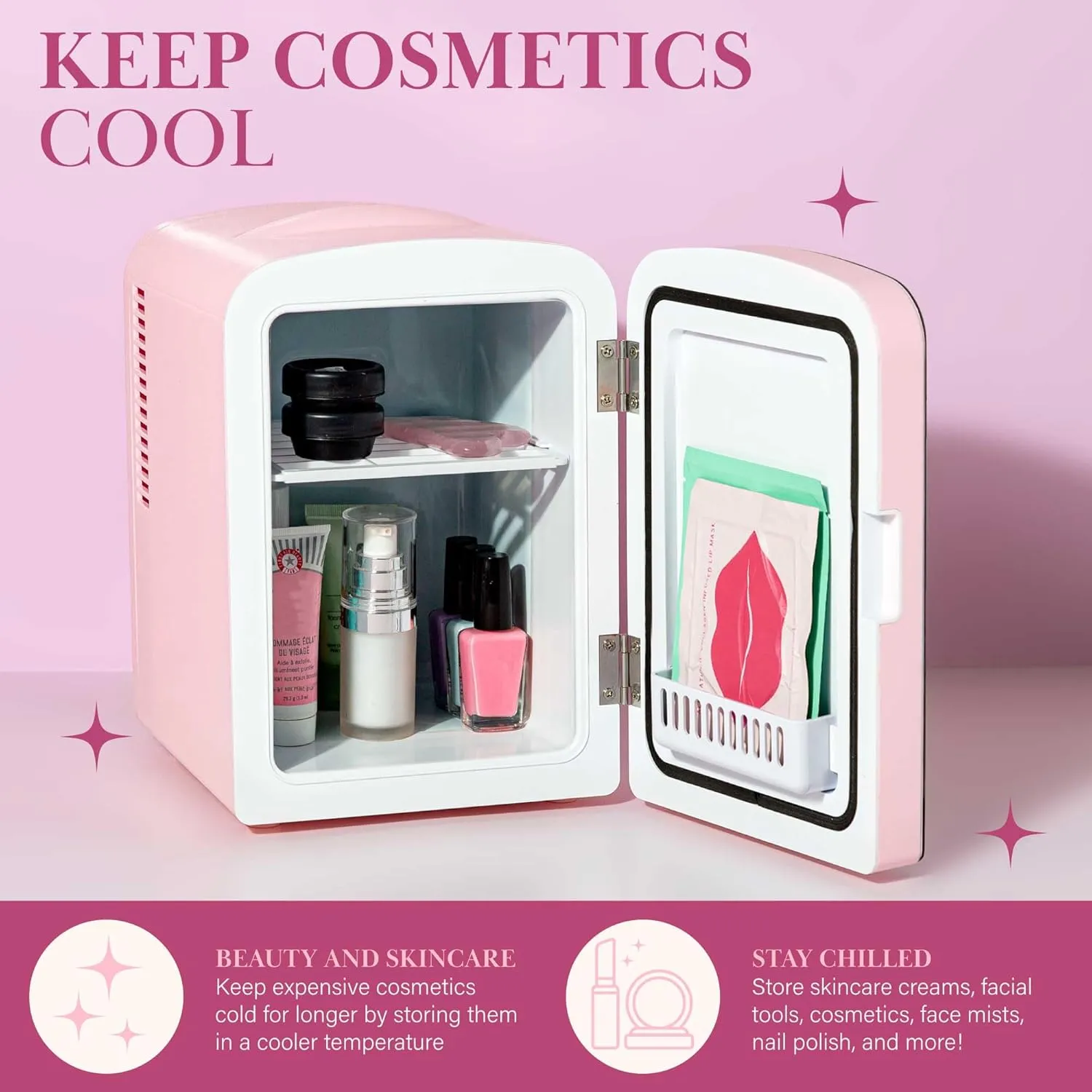 Paris Hilton Mini Refrigerator and Personal Beauty Fridge, Mirrored Door with Dimmable LED Light, Thermoelectric Cooling and Warming Function for All Cosmetics and Skincare Needs, 4-Liter, Pink
