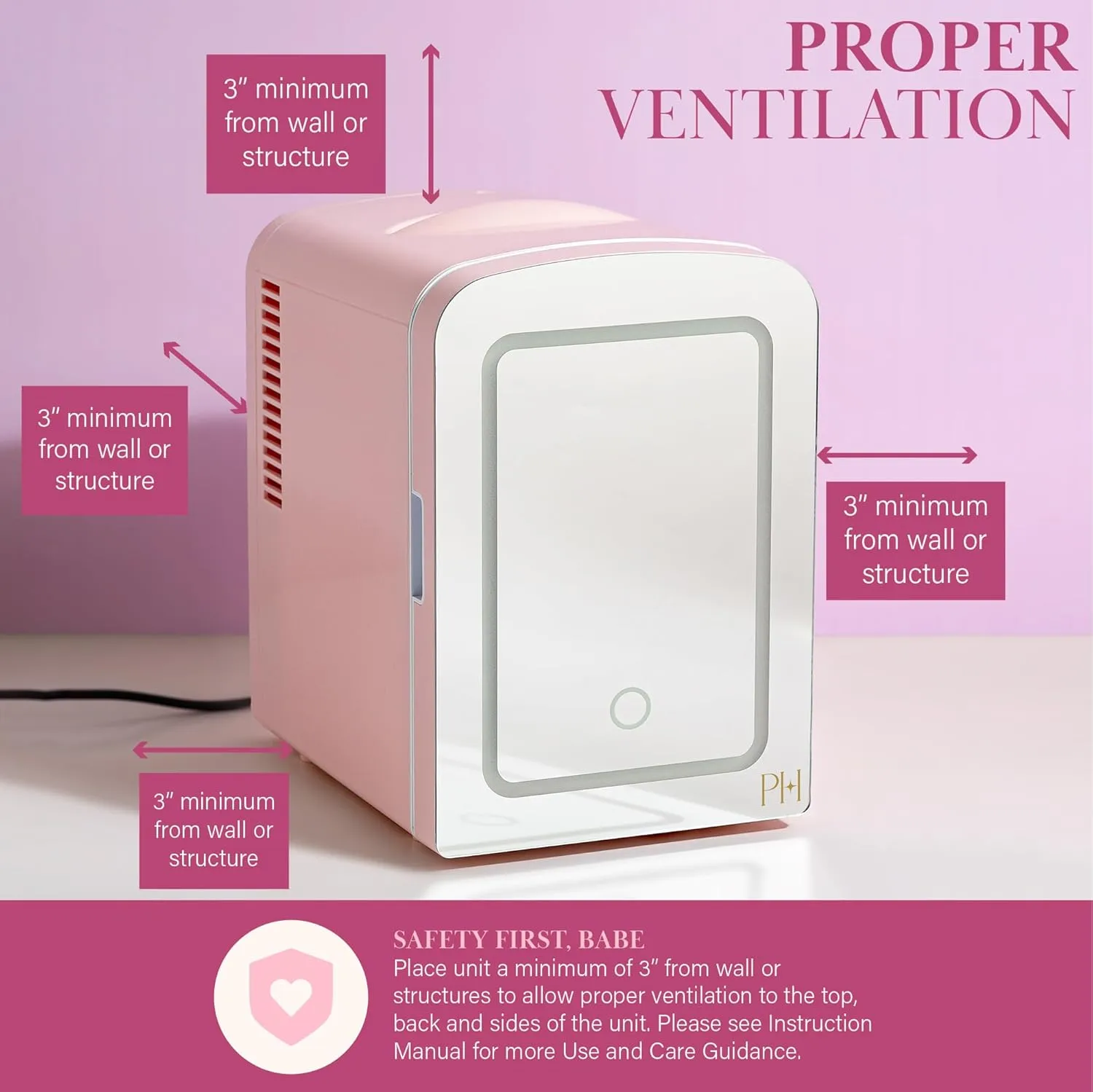 Paris Hilton Mini Refrigerator and Personal Beauty Fridge, Mirrored Door with Dimmable LED Light, Thermoelectric Cooling and Warming Function for All Cosmetics and Skincare Needs, 4-Liter, Pink