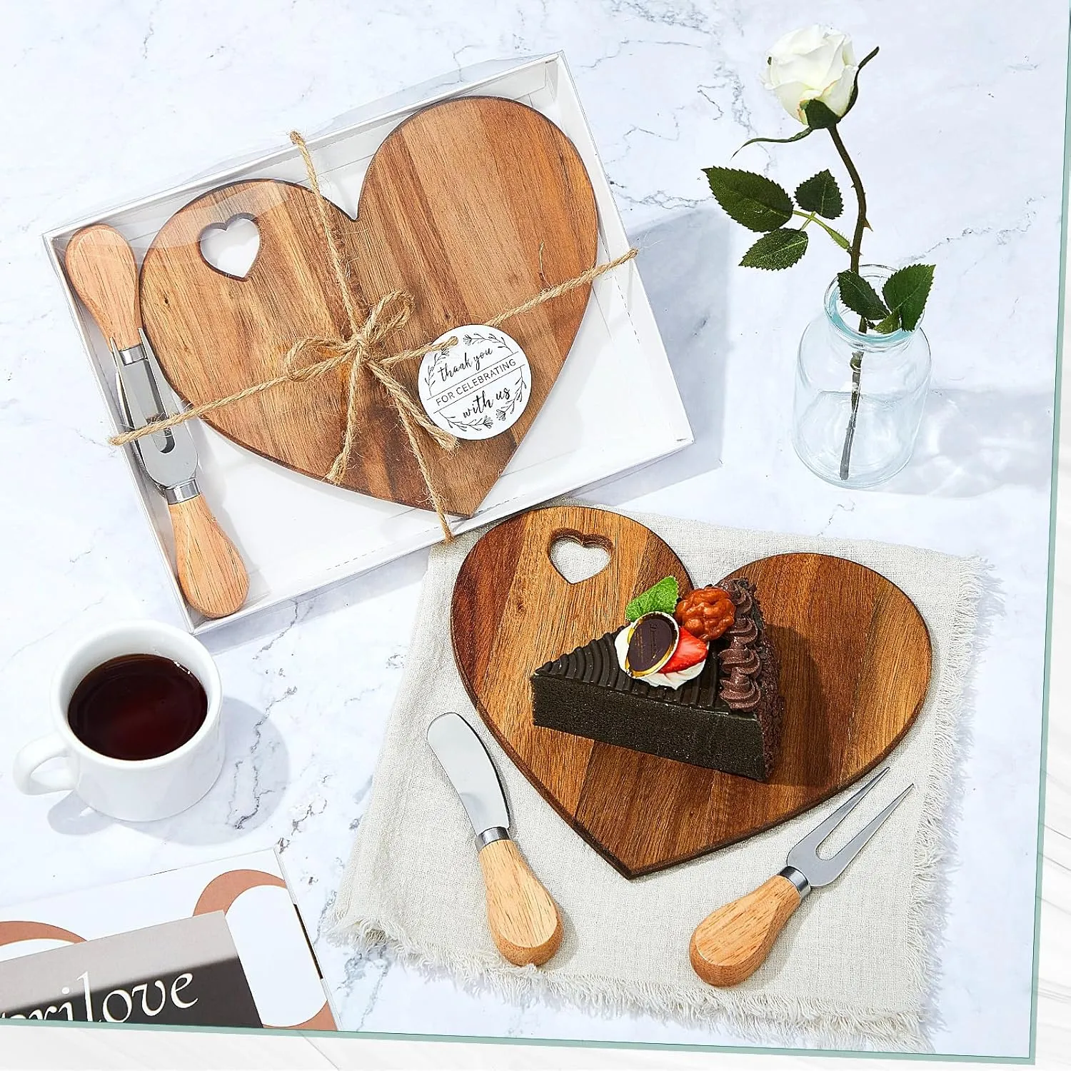 Patelai 1 Set Bridal Shower Favor Heart Cheese Board Cheese Knives Wood Mini Charcuterie Board Thank You Gift Box for Guest Bridal Baby Shower Prize Wedding Birthday Valentines (Acacia Color)