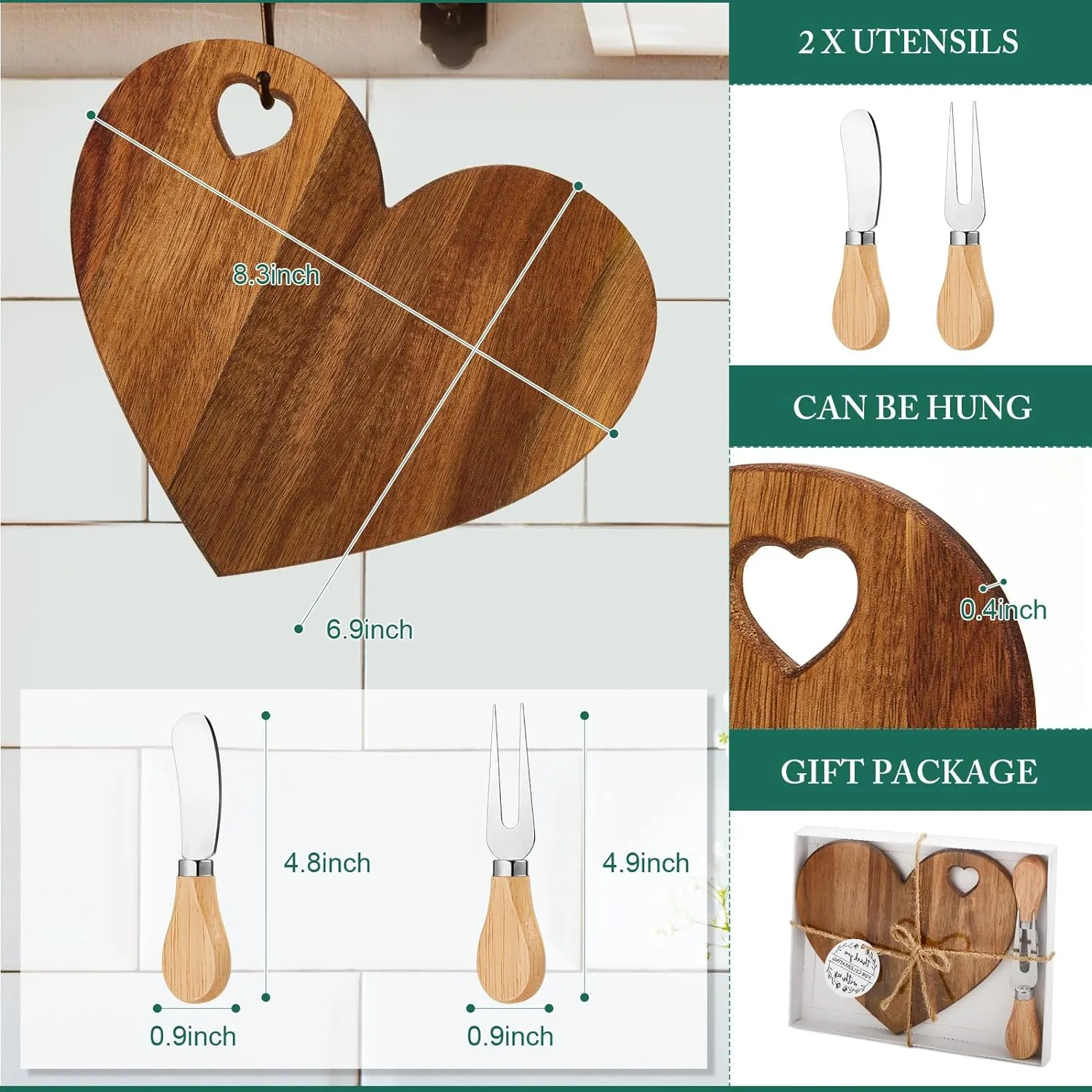 Patelai 1 Set Bridal Shower Favor Heart Cheese Board Cheese Knives Wood Mini Charcuterie Board Thank You Gift Box for Guest Bridal Baby Shower Prize Wedding Birthday Valentines (Acacia Color)