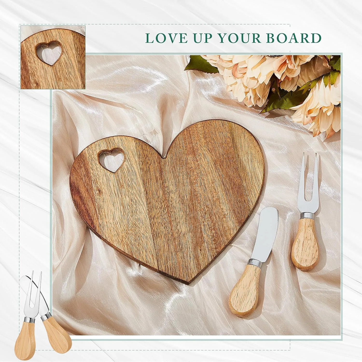 Patelai 1 Set Bridal Shower Favor Heart Cheese Board Cheese Knives Wood Mini Charcuterie Board Thank You Gift Box for Guest Bridal Baby Shower Prize Wedding Birthday Valentines (Acacia Color)