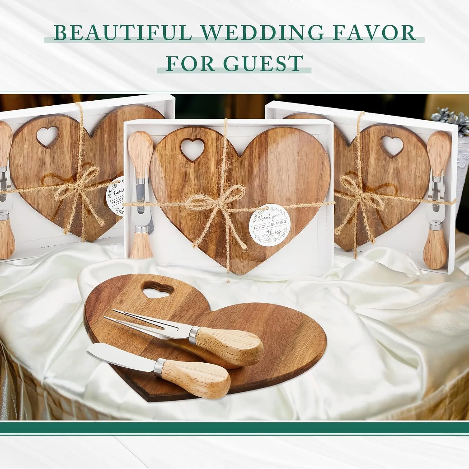 Patelai 1 Set Bridal Shower Favor Heart Cheese Board Cheese Knives Wood Mini Charcuterie Board Thank You Gift Box for Guest Bridal Baby Shower Prize Wedding Birthday Valentines (Acacia Color)
