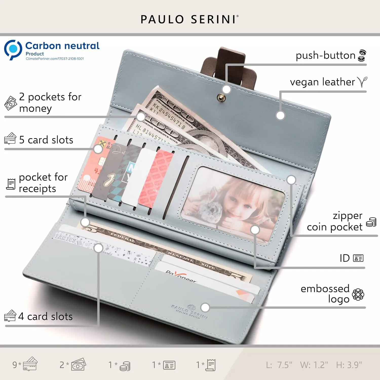PAULO SERINI® Wallet Women - Womens Wallet with Coin Purse - Card Holder 9 Cards - Wristlet - Vegan Wallets for Women - Birthday Gifts for Women - Billeteras de Mujer - 9 colors