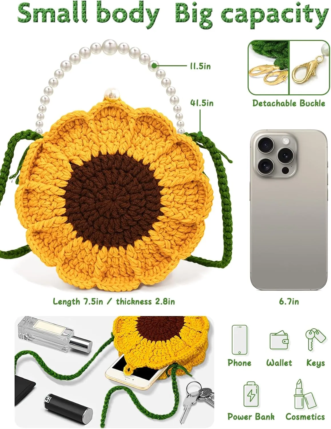 Pearl Sunflower Purse Crossbody Crochet Bag Small Shoulder Handbags Gifts For Women Knitting Lovers