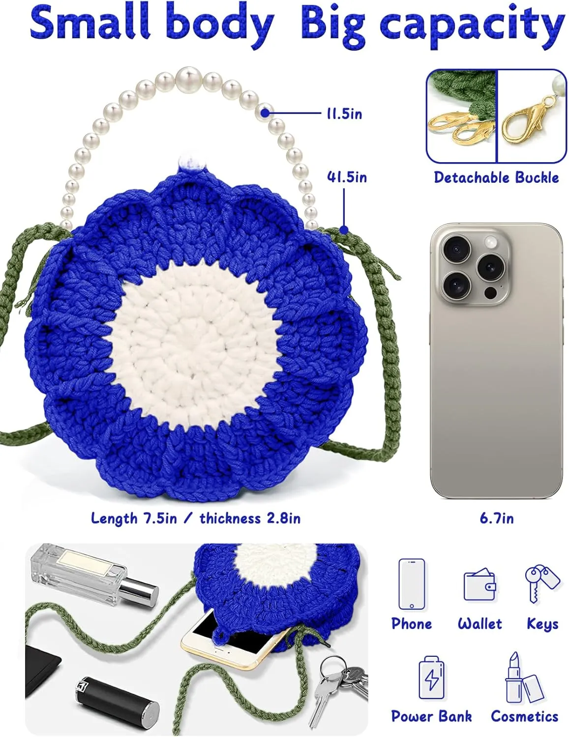 Pearl Sunflower Purse Crossbody Crochet Bag Small Shoulder Handbags Gifts For Women Knitting Lovers