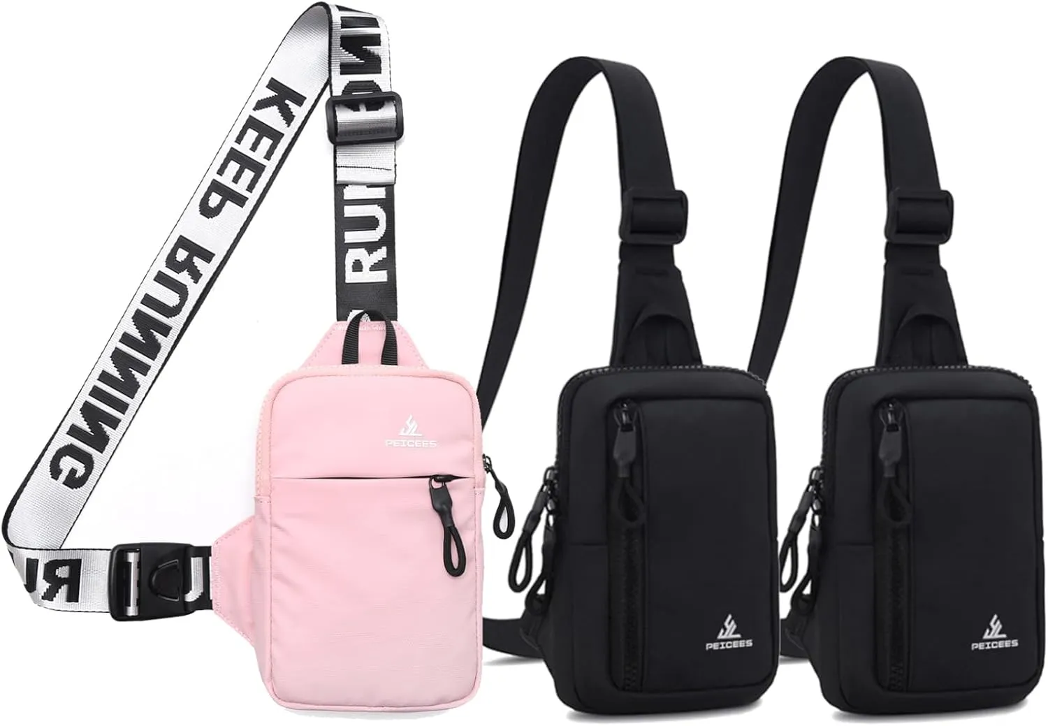 Peicees Pack of 3 Small Crossbody Bag for Men Women Mini Sling Bag Travel Running Phone Daypack Cross Body Shoulder Bags, Pink and Black and Black