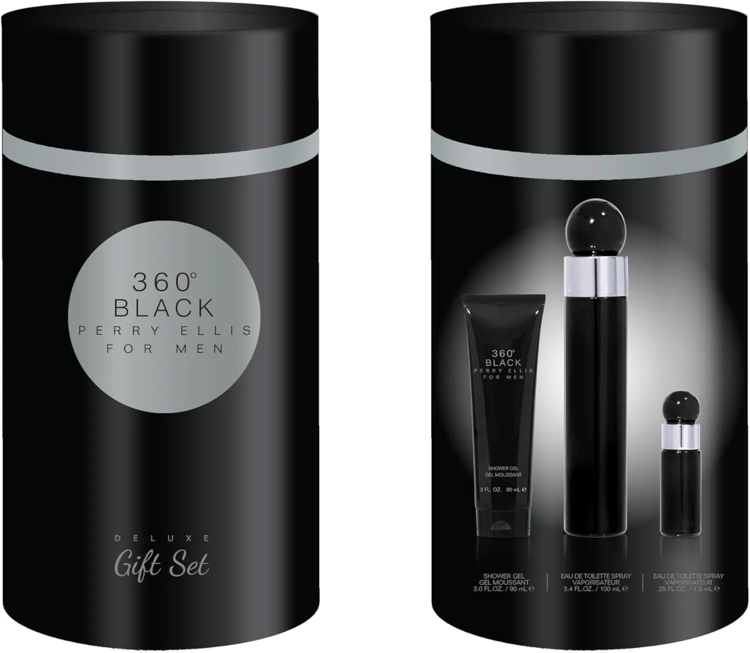 Perry Ellis Fragrances Perry Ellis 360° Black Men's Cologne - 3-piece Gift Set - 3.4 Fl Oz EDT, 3 oz Shower Gel, .25 fl oz EDT mini travel spray - fresh, woody, clean, long-lasting