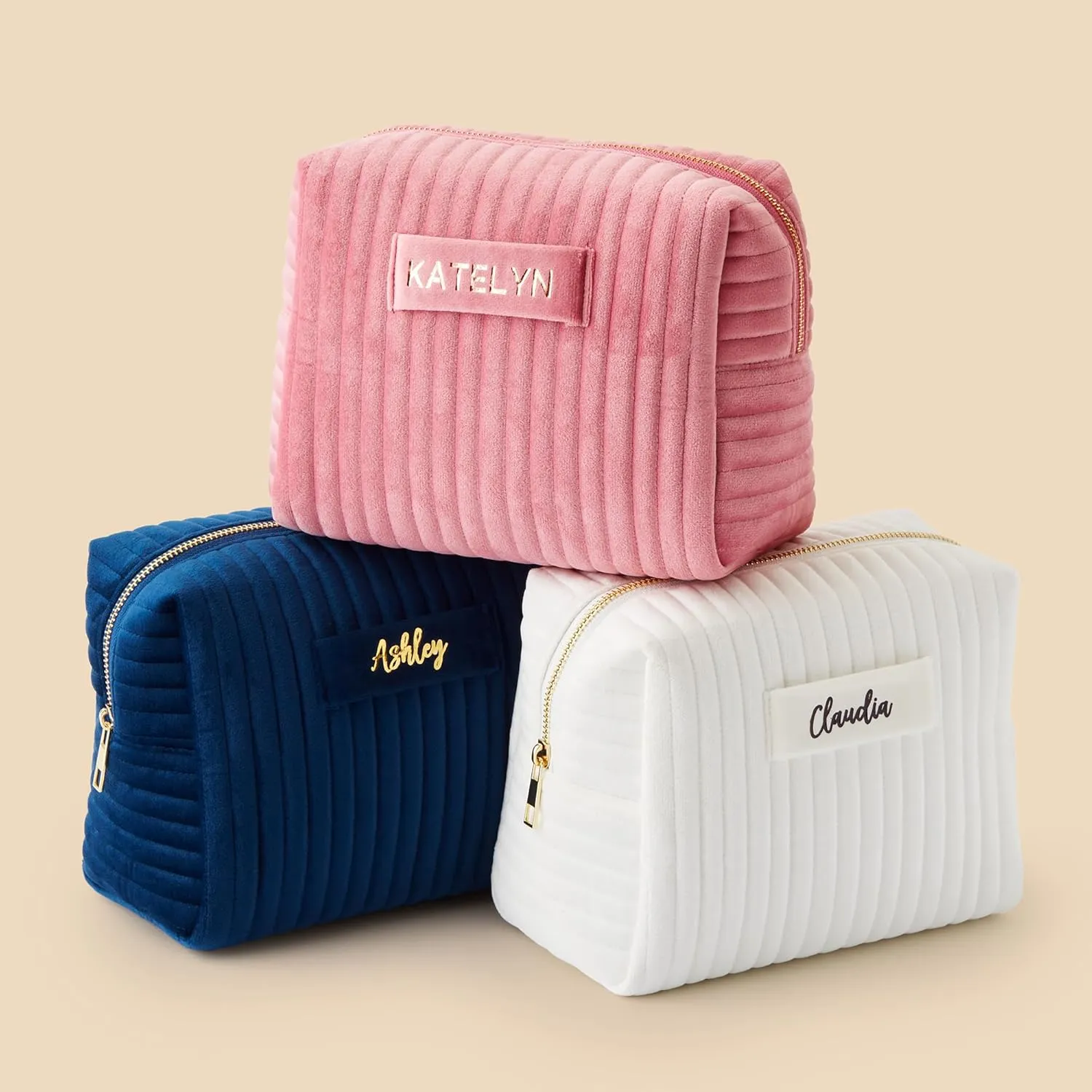 Personalization Universe Metallic Foil Personalized Small Ivory Velvet Makeup Bag