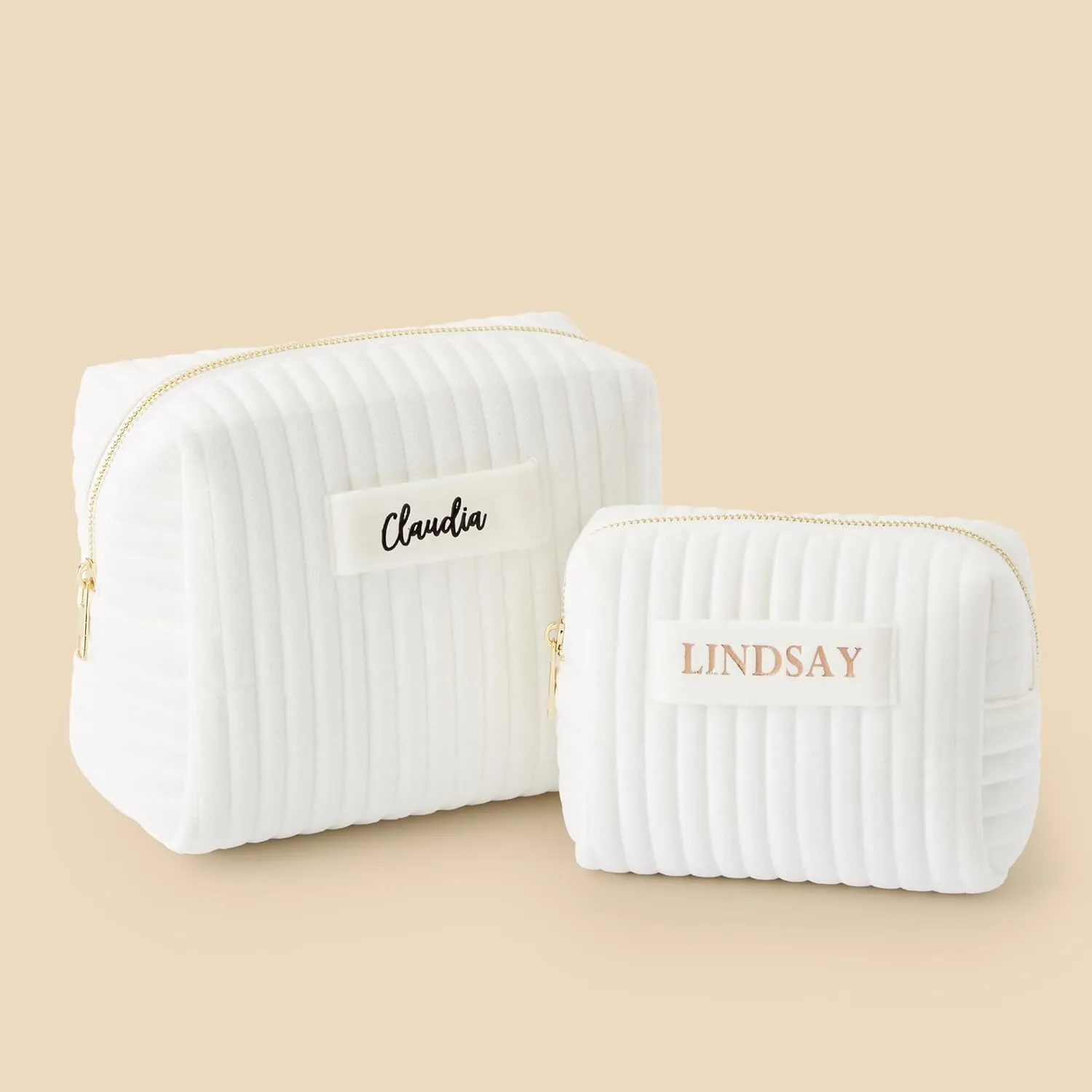 Personalization Universe Metallic Foil Personalized Small Ivory Velvet Makeup Bag