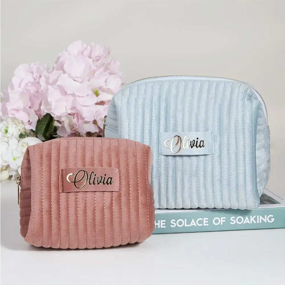 Personalized Custom Velvet Cosmetic Makeup Bag Quilted Zippered for Travel Toiletry Accessories Brushes Pouch Women Mother's Day Wedding Customization Name Gift Blue