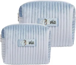 Personalized Custom Velvet Cosmetic Makeup Bag Quilted Zippered for Travel Toiletry Accessories Brushes Pouch Women Mother's Day Wedding Customization Name Gift Blue