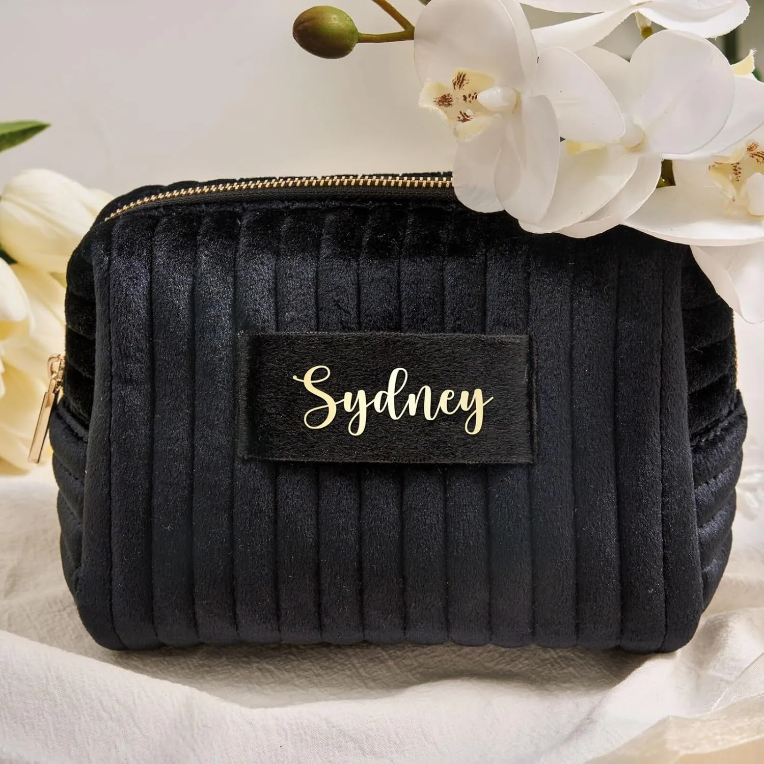 Personalized Makeup Bag, Black Velvet Custom Name Travel Makeup Bag for Women Teen Girls Birthday Gifts Mothers Day Gifts for Mom