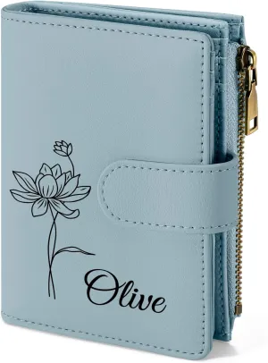 Personalized Wallets Women, RFID Blocking Bifold Zipper Pocket Wallet, Custom Birth Flower&Name Ladies Wallet, Small Leather Purse with ID Window, Customized Gifts for Women Teen Girls(Blue)