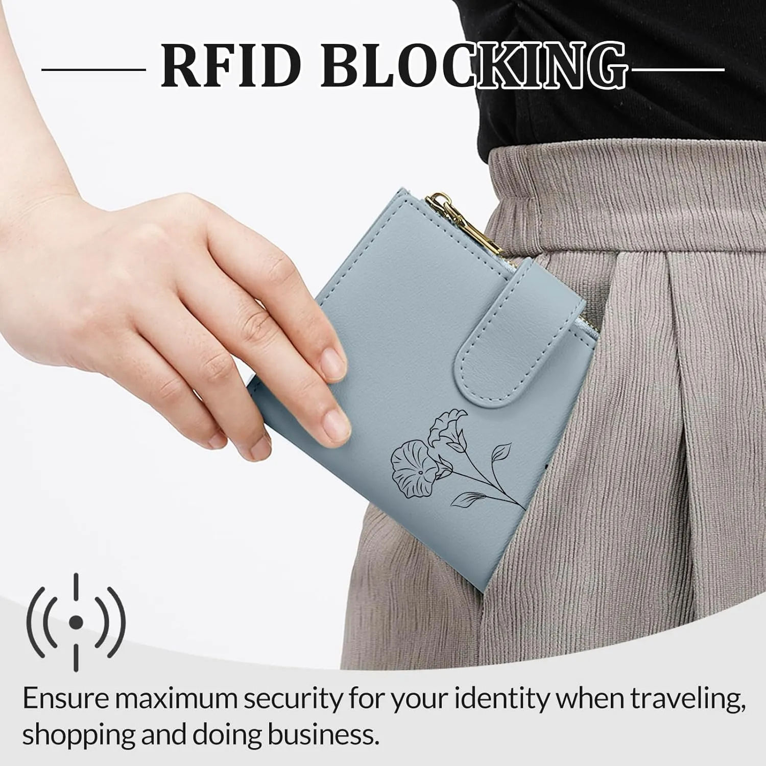 Personalized Wallets Women, RFID Blocking Bifold Zipper Pocket Wallet, Custom Birth Flower&Name Ladies Wallet, Small Leather Purse with ID Window, Customized Gifts for Women Teen Girls(Blue)