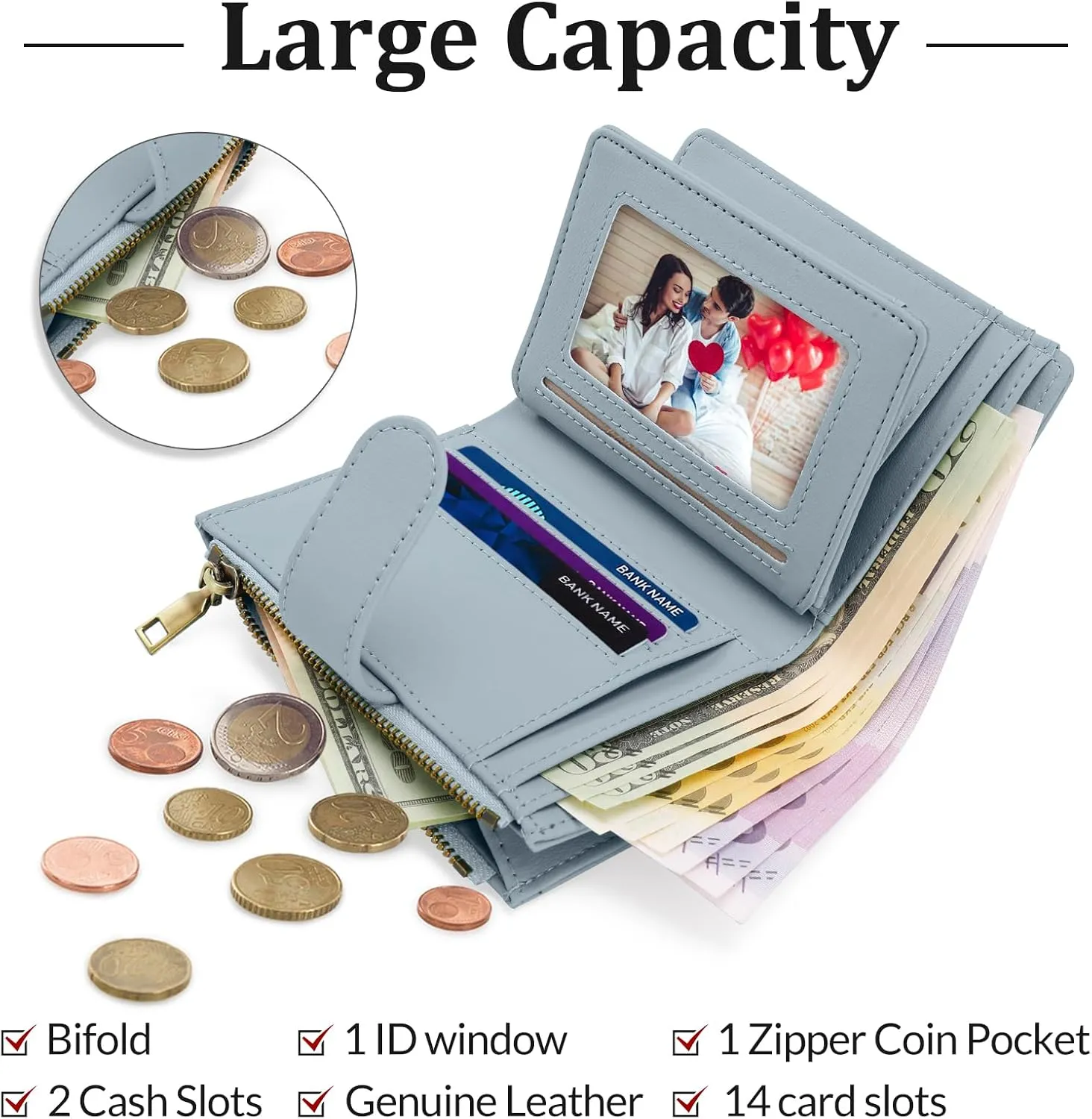 Personalized Wallets Women, RFID Blocking Bifold Zipper Pocket Wallet, Custom Birth Flower&Name Ladies Wallet, Small Leather Purse with ID Window, Customized Gifts for Women Teen Girls(Blue)
