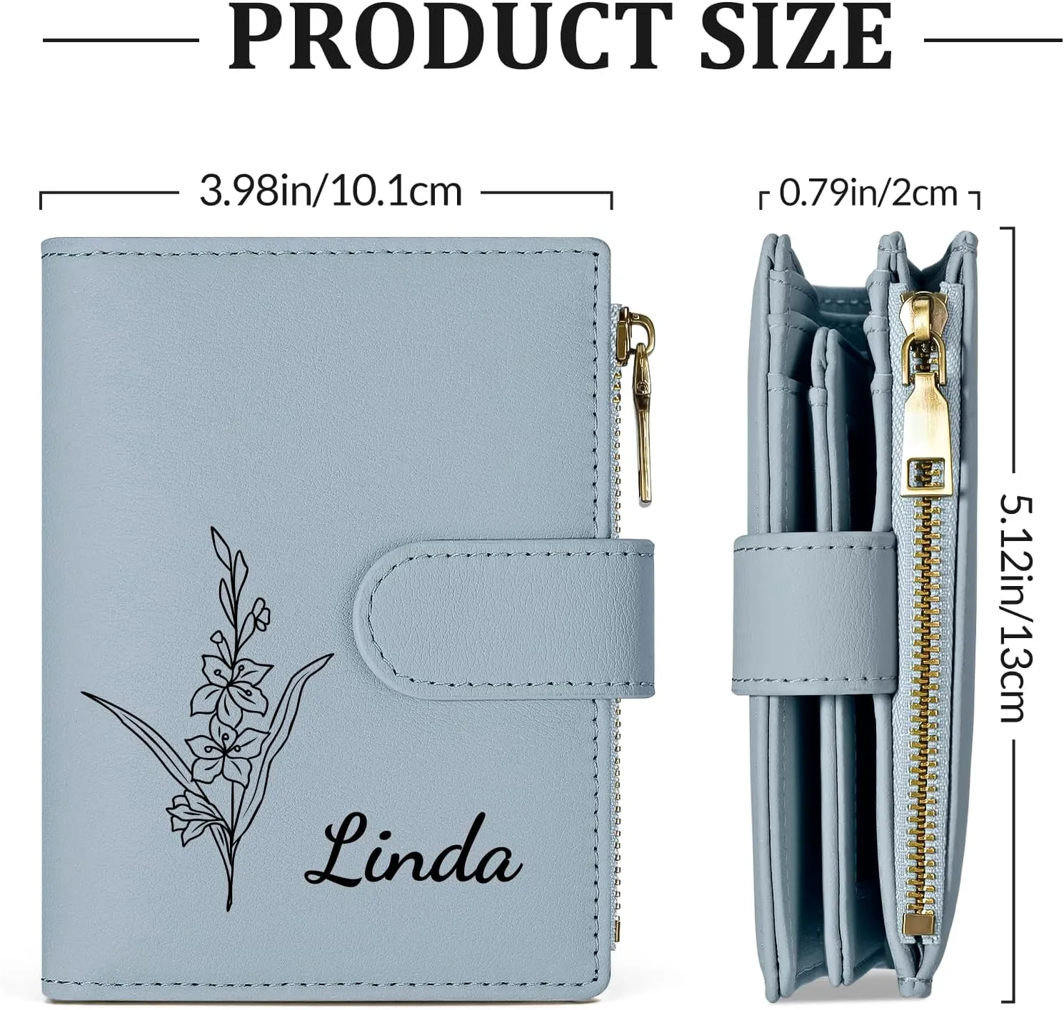 Personalized Wallets Women, RFID Blocking Bifold Zipper Pocket Wallet, Custom Birth Flower&Name Ladies Wallet, Small Leather Purse with ID Window, Customized Gifts for Women Teen Girls(Blue)