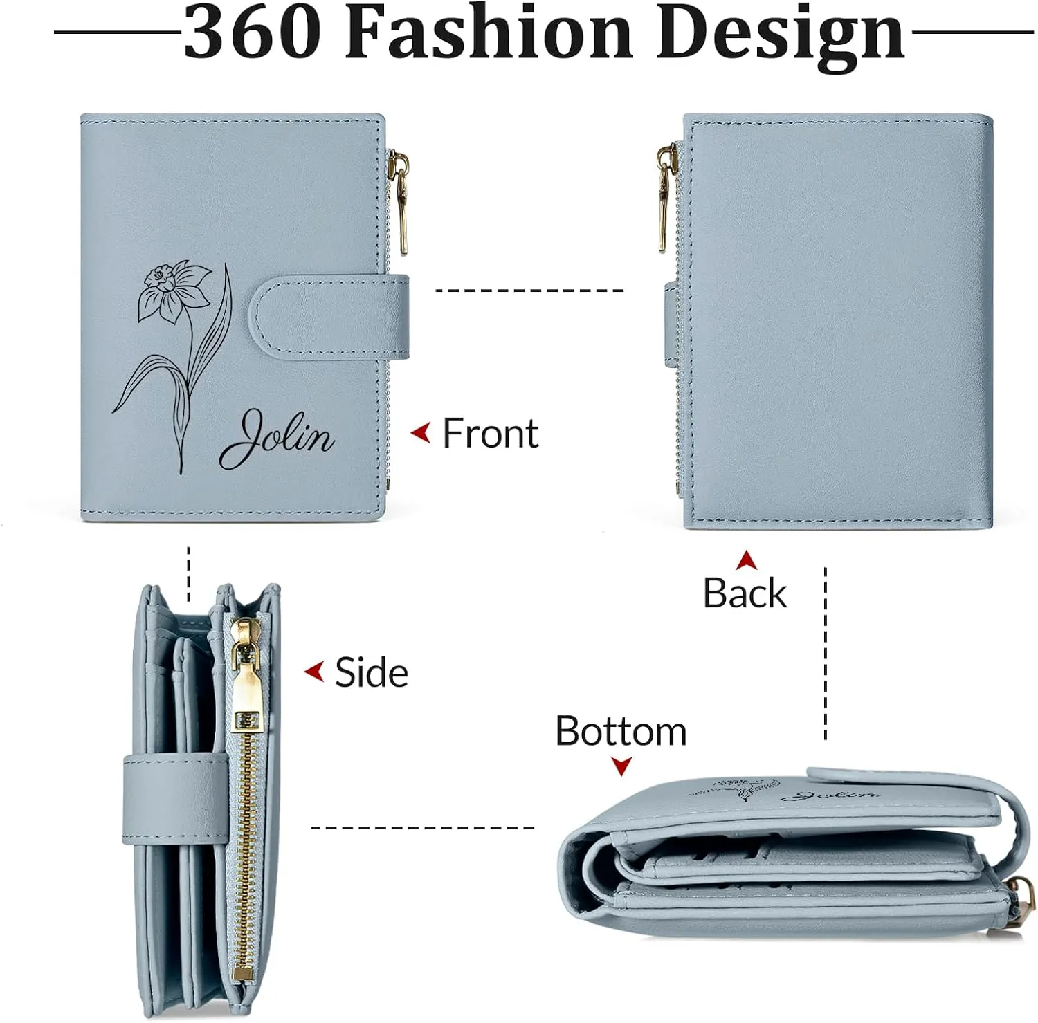 Personalized Wallets Women, RFID Blocking Bifold Zipper Pocket Wallet, Custom Birth Flower&Name Ladies Wallet, Small Leather Purse with ID Window, Customized Gifts for Women Teen Girls(Blue)
