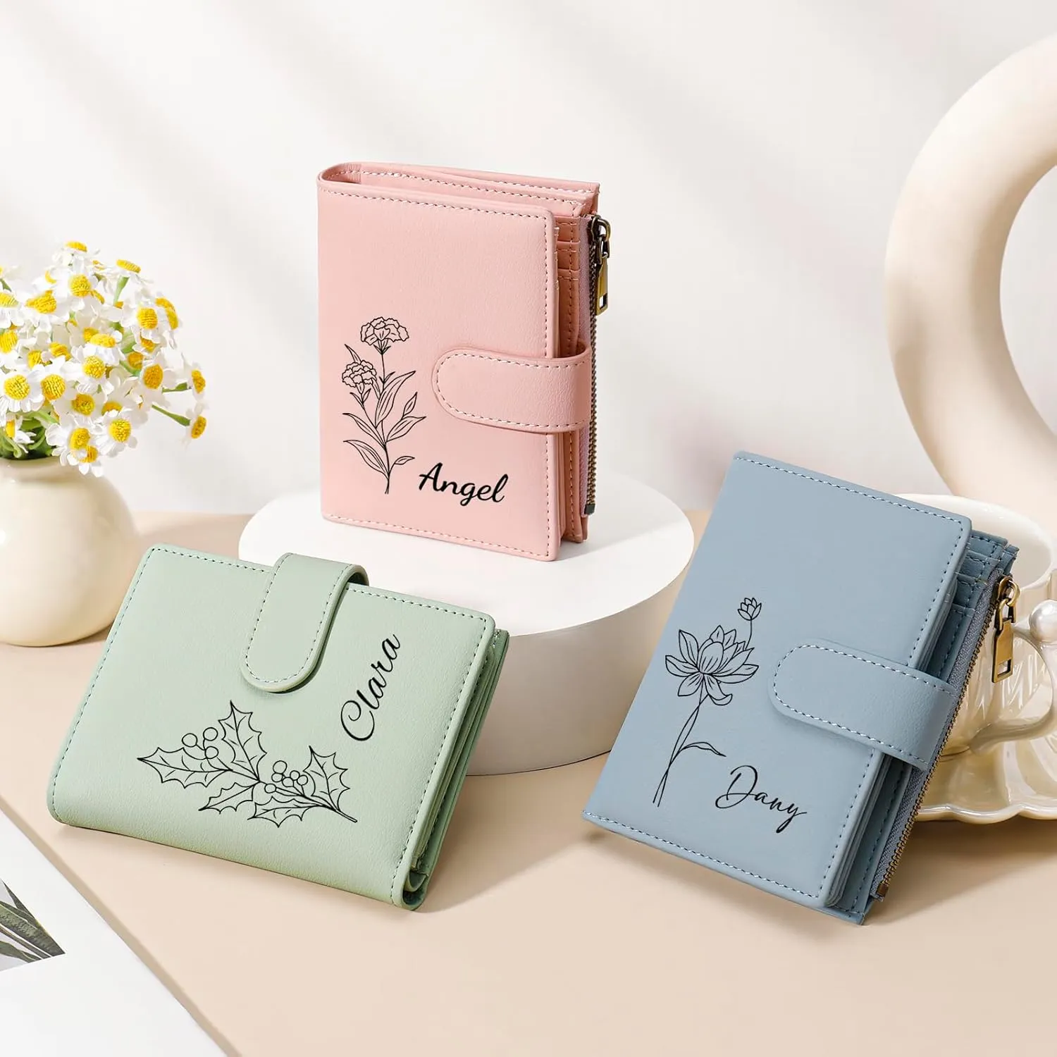 Personalized Wallets Women, RFID Blocking Bifold Zipper Pocket Wallet,Custom Birth Flower&Name Wallet, Small Leather Purse with ID Window, Customized presents for Women Teen Girls(Green)