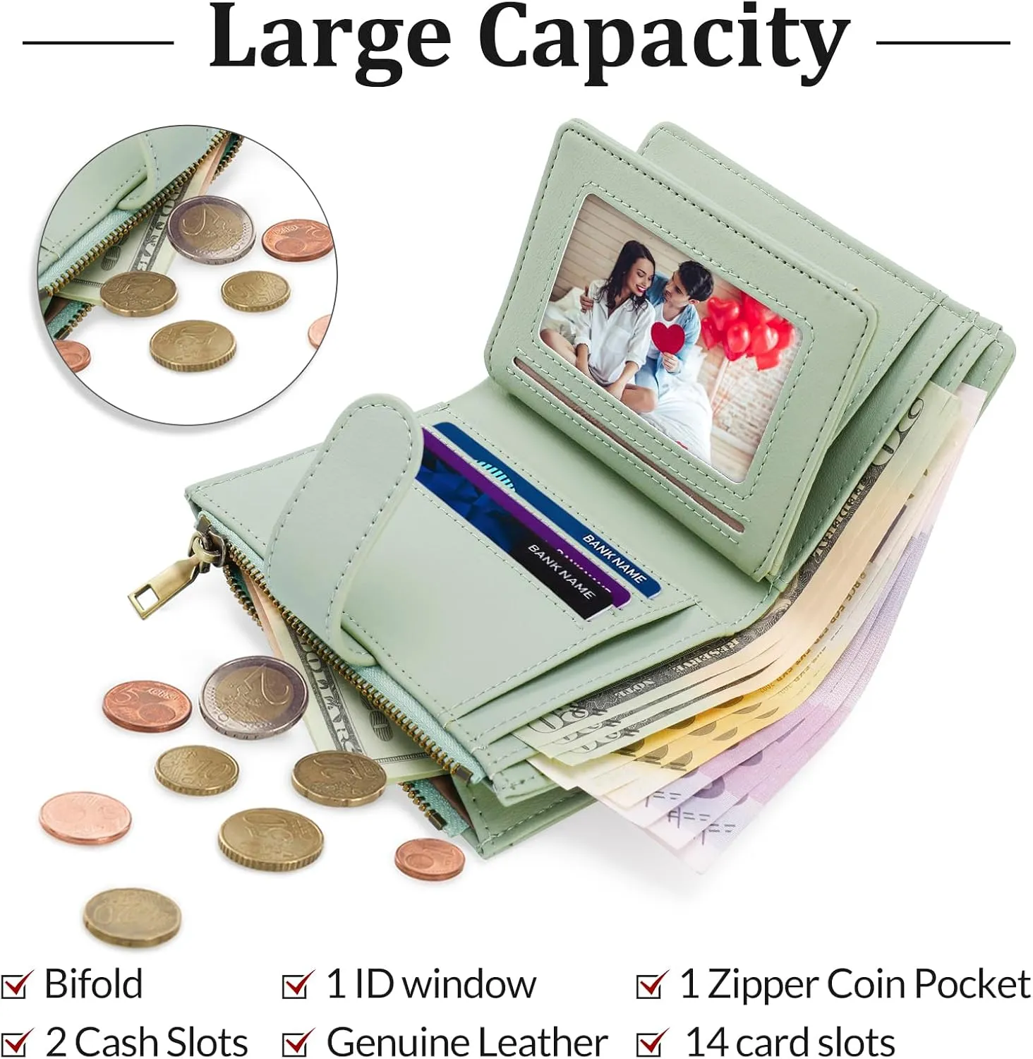 Personalized Wallets Women, RFID Blocking Bifold Zipper Pocket Wallet,Custom Birth Flower&Name Wallet, Small Leather Purse with ID Window, Customized presents for Women Teen Girls(Green)