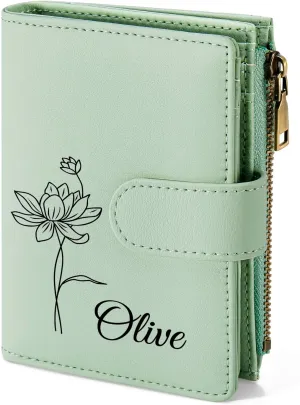 Personalized Wallets Women, RFID Blocking Bifold Zipper Pocket Wallet,Custom Birth Flower&Name Wallet, Small Leather Purse with ID Window, Customized presents for Women Teen Girls(Green)