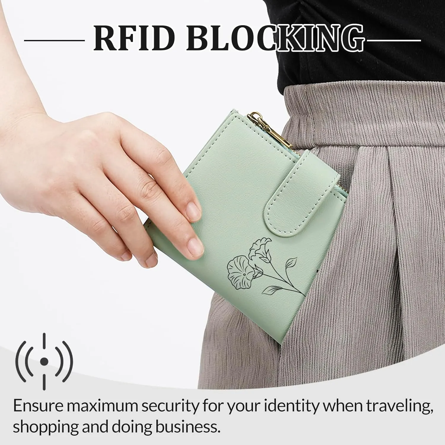 Personalized Wallets Women, RFID Blocking Bifold Zipper Pocket Wallet,Custom Birth Flower&Name Wallet, Small Leather Purse with ID Window, Customized presents for Women Teen Girls(Green)