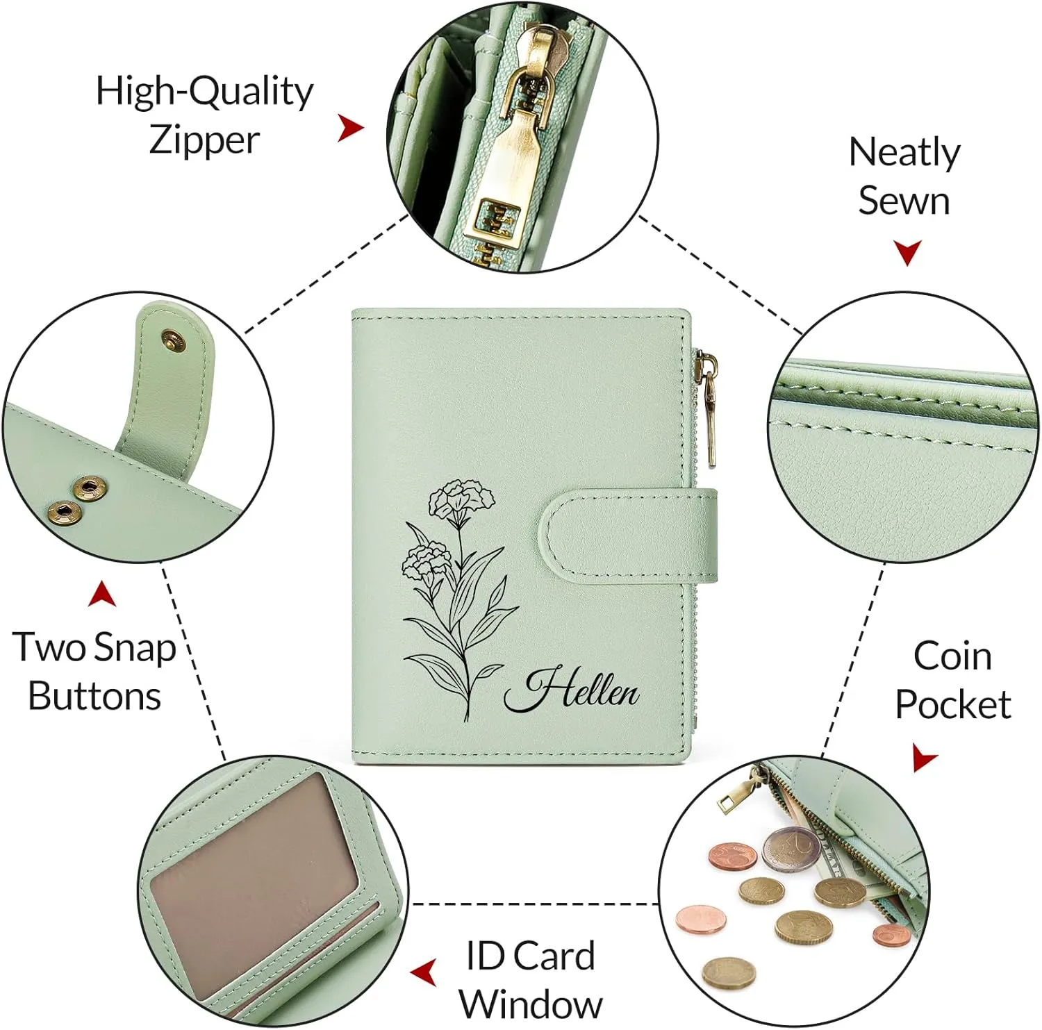 Personalized Wallets Women, RFID Blocking Bifold Zipper Pocket Wallet,Custom Birth Flower&Name Wallet, Small Leather Purse with ID Window, Customized presents for Women Teen Girls(Green)