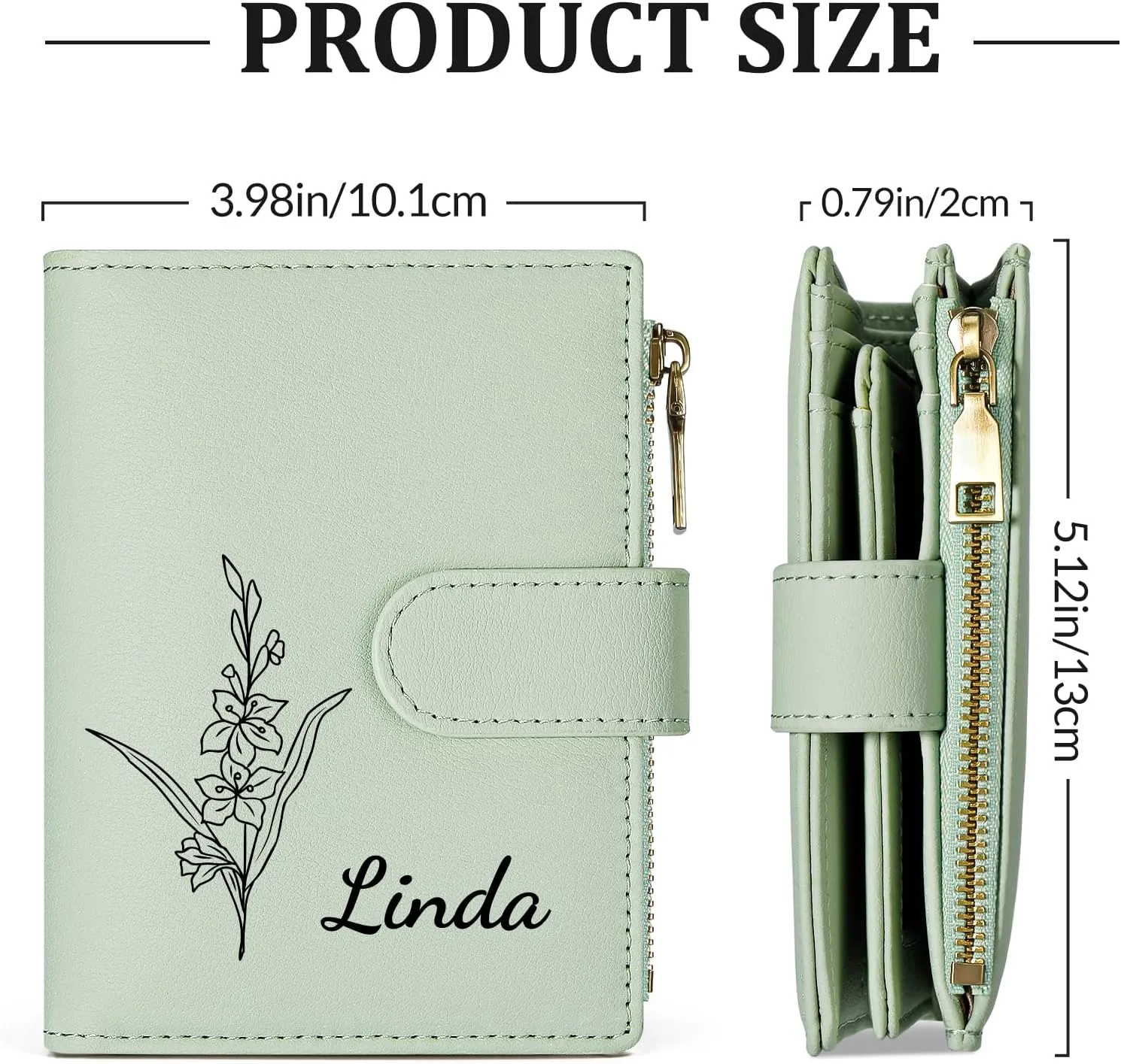Personalized Wallets Women, RFID Blocking Bifold Zipper Pocket Wallet,Custom Birth Flower&Name Wallet, Small Leather Purse with ID Window, Customized presents for Women Teen Girls(Green)