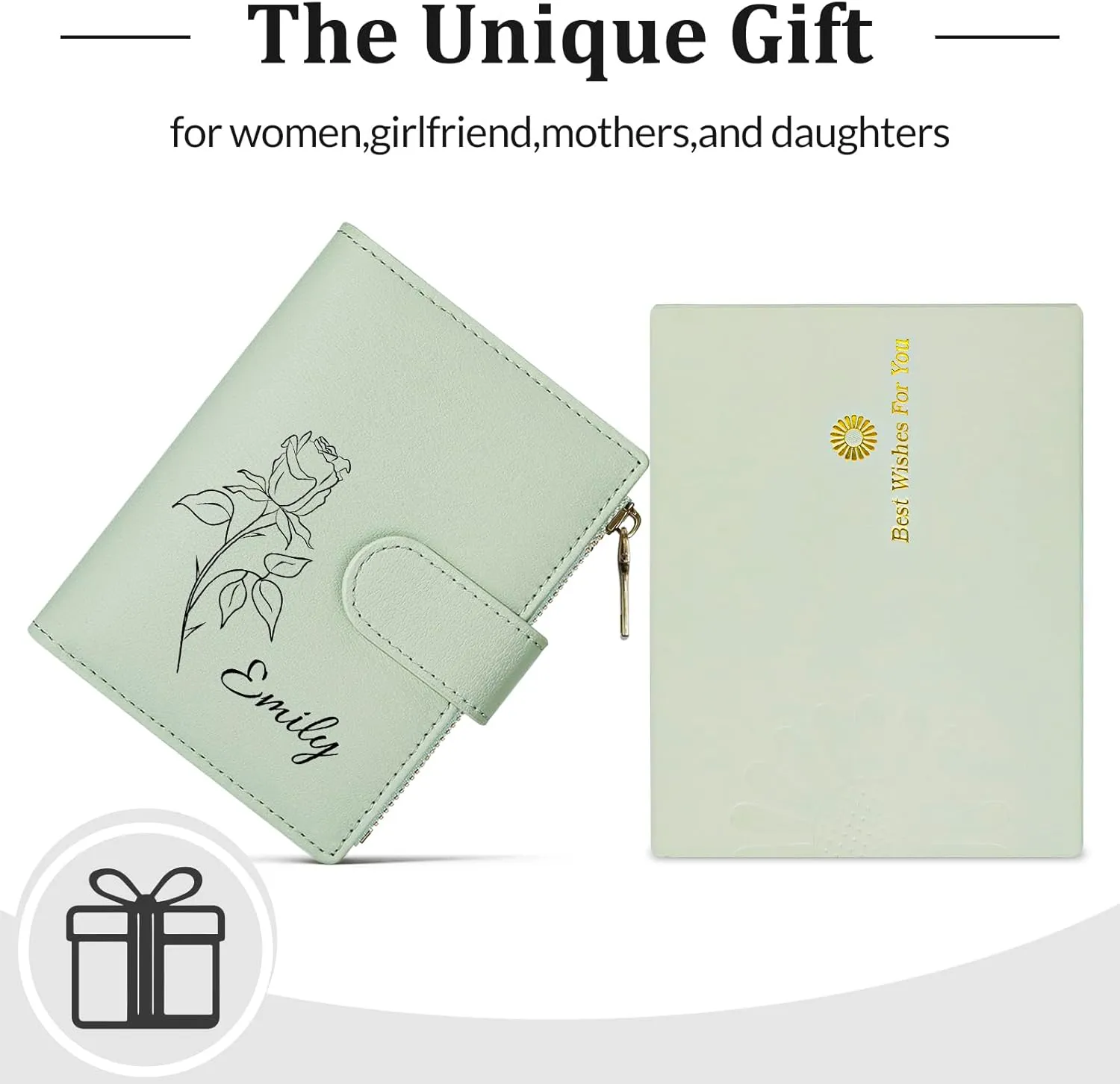 Personalized Wallets Women, RFID Blocking Bifold Zipper Pocket Wallet,Custom Birth Flower&Name Wallet, Small Leather Purse with ID Window, Customized presents for Women Teen Girls(Green)