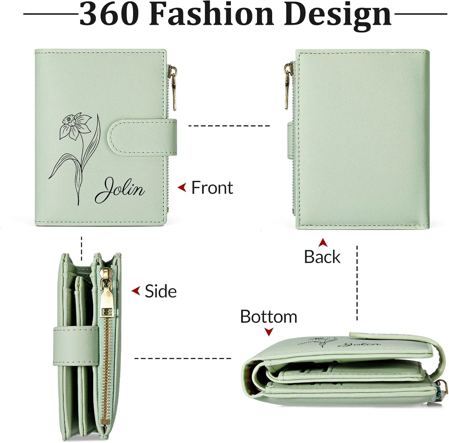Personalized Wallets Women, RFID Blocking Bifold Zipper Pocket Wallet,Custom Birth Flower&Name Wallet, Small Leather Purse with ID Window, Customized presents for Women Teen Girls(Green)