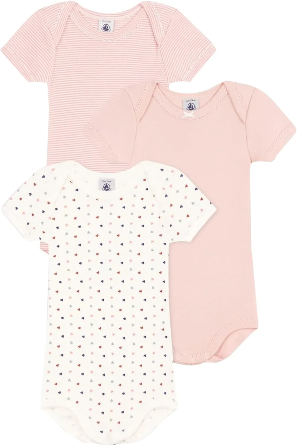 Petit Bateau Babies' Mini-Heart Patterned Short-Sleeved Cotton Bodysuits - 3-Pack SIZES 3-36 MONTHS