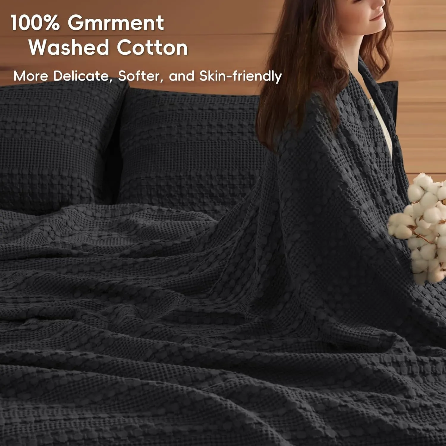 PHF 100% Cotton Waffle Weave Blanket King Size, Soft Lightweight Breathable Cozy Summer Blankets for Bed, Luxury Aesthetic Woven Bedding for Home Decor, 108"x90", Black