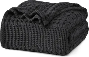 PHF 100% Cotton Waffle Weave Blanket King Size, Soft Lightweight Breathable Cozy Summer Blankets for Bed, Luxury Aesthetic Woven Bedding for Home Decor, 108"x90", Black
