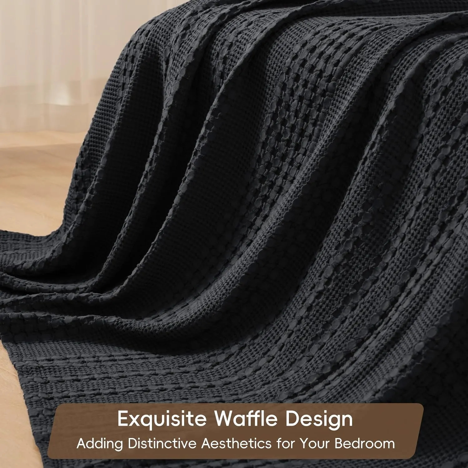 PHF 100% Cotton Waffle Weave Blanket King Size, Soft Lightweight Breathable Cozy Summer Blankets for Bed, Luxury Aesthetic Woven Bedding for Home Decor, 108"x90", Black