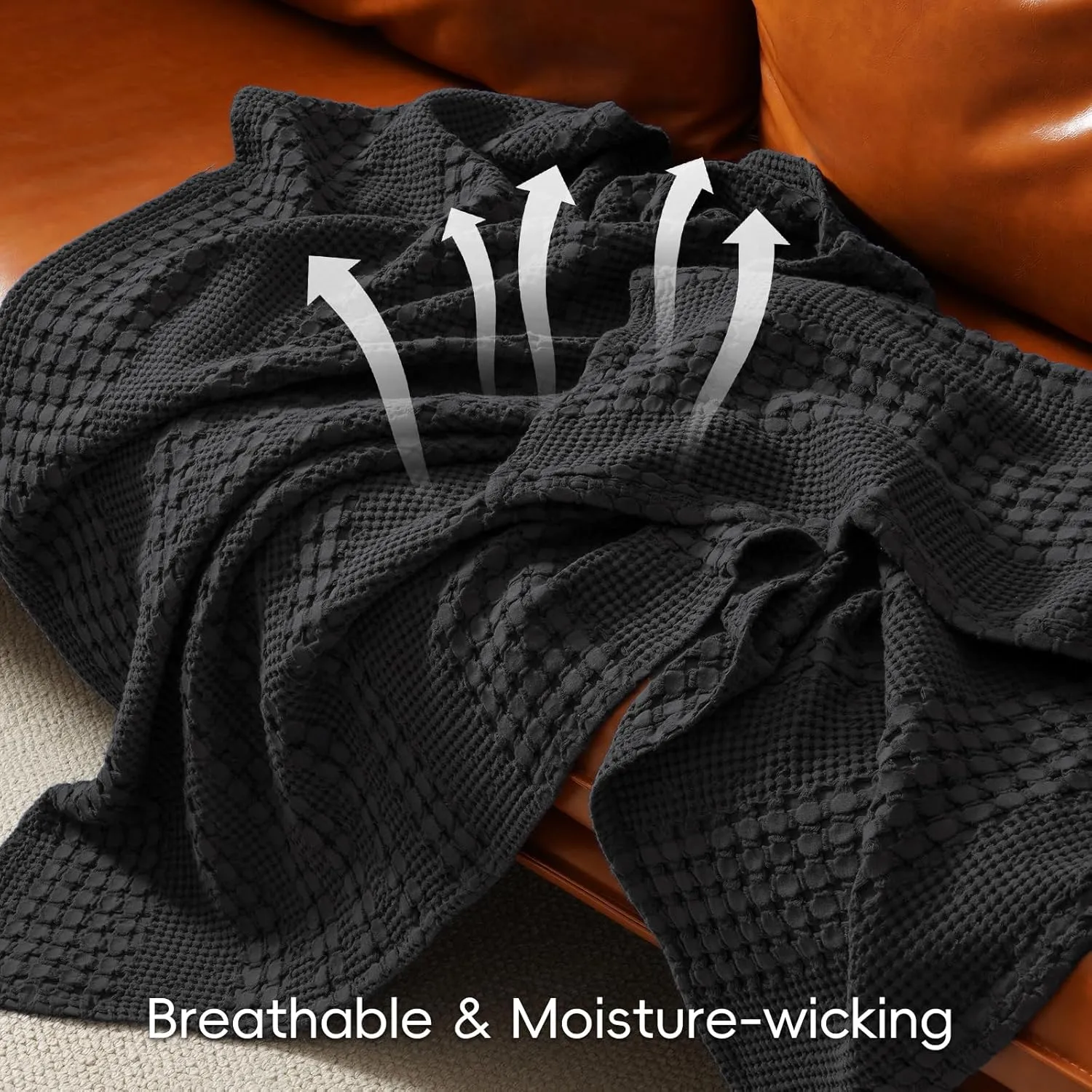 PHF 100% Cotton Waffle Weave Blanket King Size, Soft Lightweight Breathable Cozy Summer Blankets for Bed, Luxury Aesthetic Woven Bedding for Home Decor, 108"x90", Black
