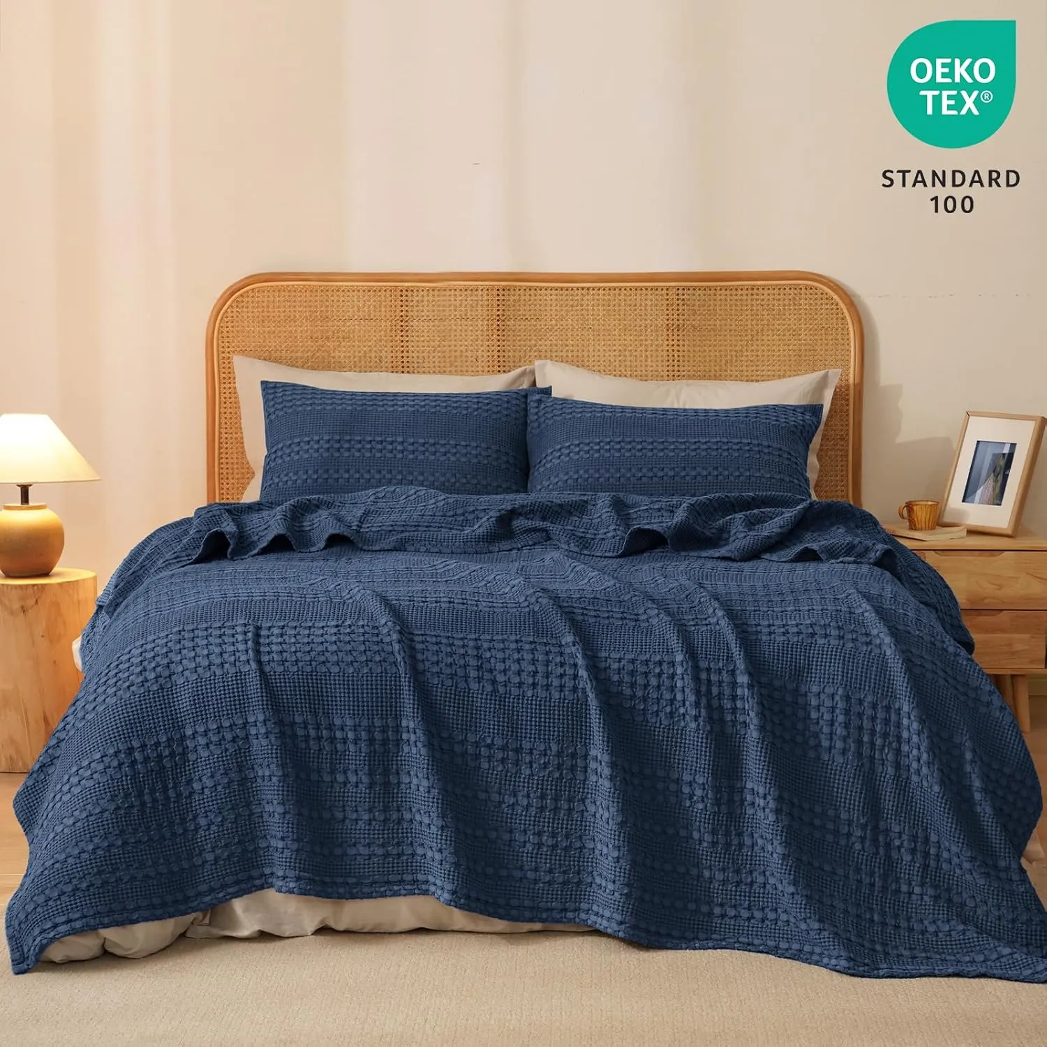 PHF 100% Cotton Waffle Weave Blanket King Size, Soft Lightweight Breathable Cozy Summer Blankets for Bed, Luxury Aesthetic Woven Bedding for Home Decor, 108"x90", Bright Navy Blue