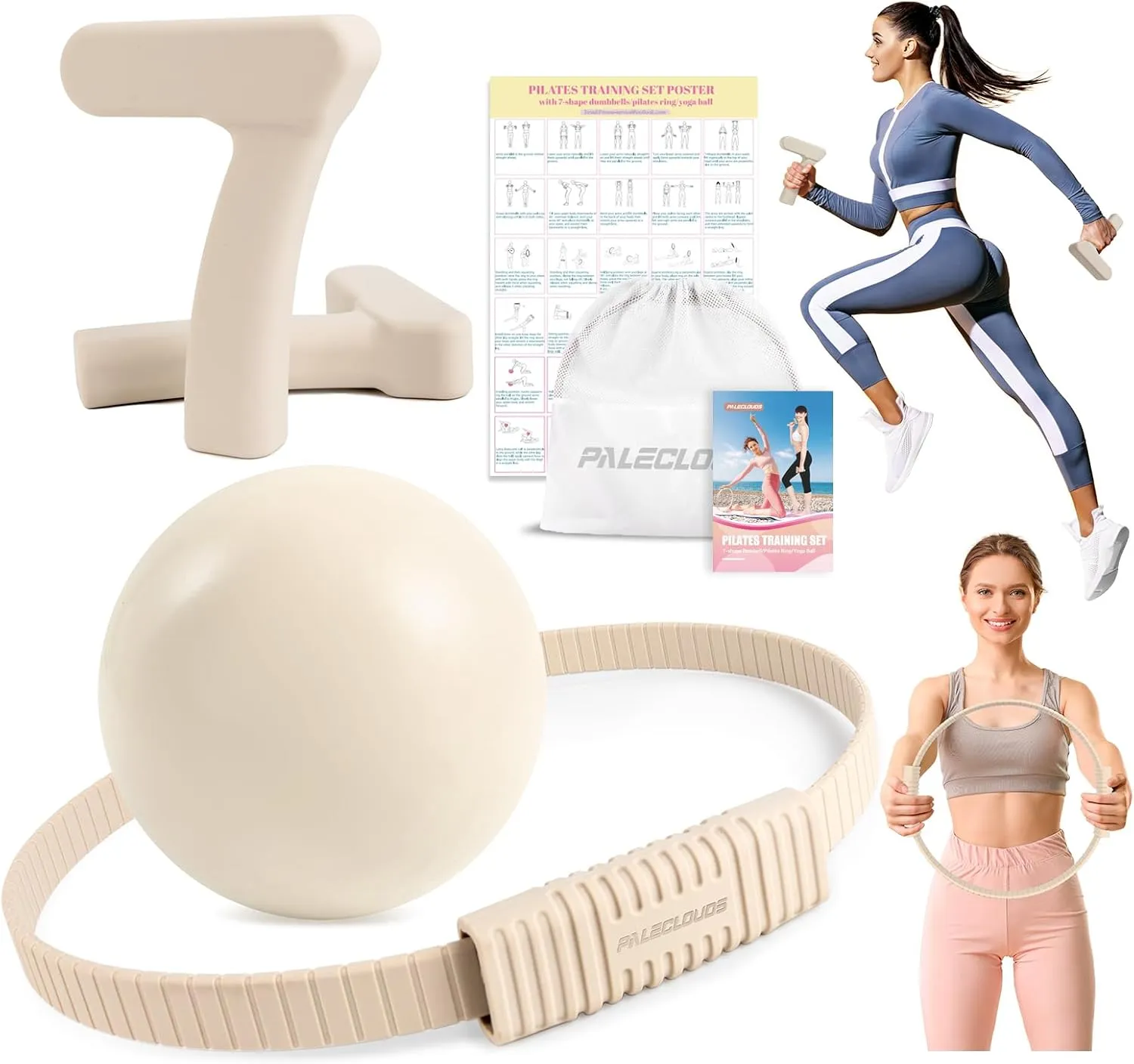 Pilates Ring Set, Pilates Essential Kit with Pilates Ring and Ball, 2.2lb *2 Ergonomic 7-Shaped Dumbbells, Portable Bag & Training Poster, at Home Workouts Pilates Sets for Women (Beige)
