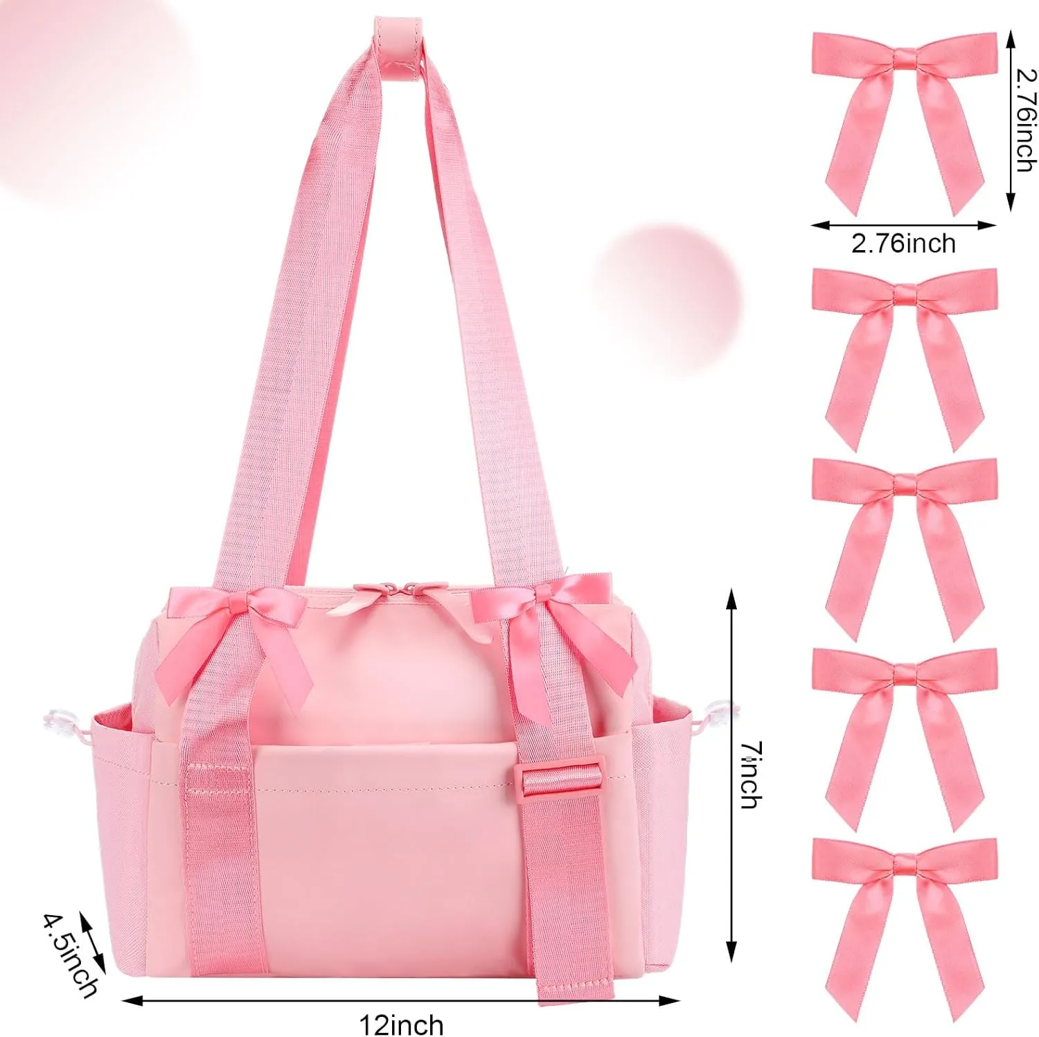 Pink Bows Mini Gym Bag for Women Coquette Small Gym Tote Mini Duffle Bag with 5 Pcs Bows for Travel Weekender Yoga