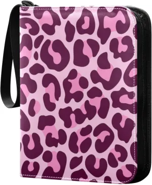Pink Purple Leopard Spots Card Binder 4 Pocket Zipper PU Trading Card Album Fits 400 Game Cards 50 Removable Sleeves Card Folder Collection for Baseball MTG TCG Sports Cards