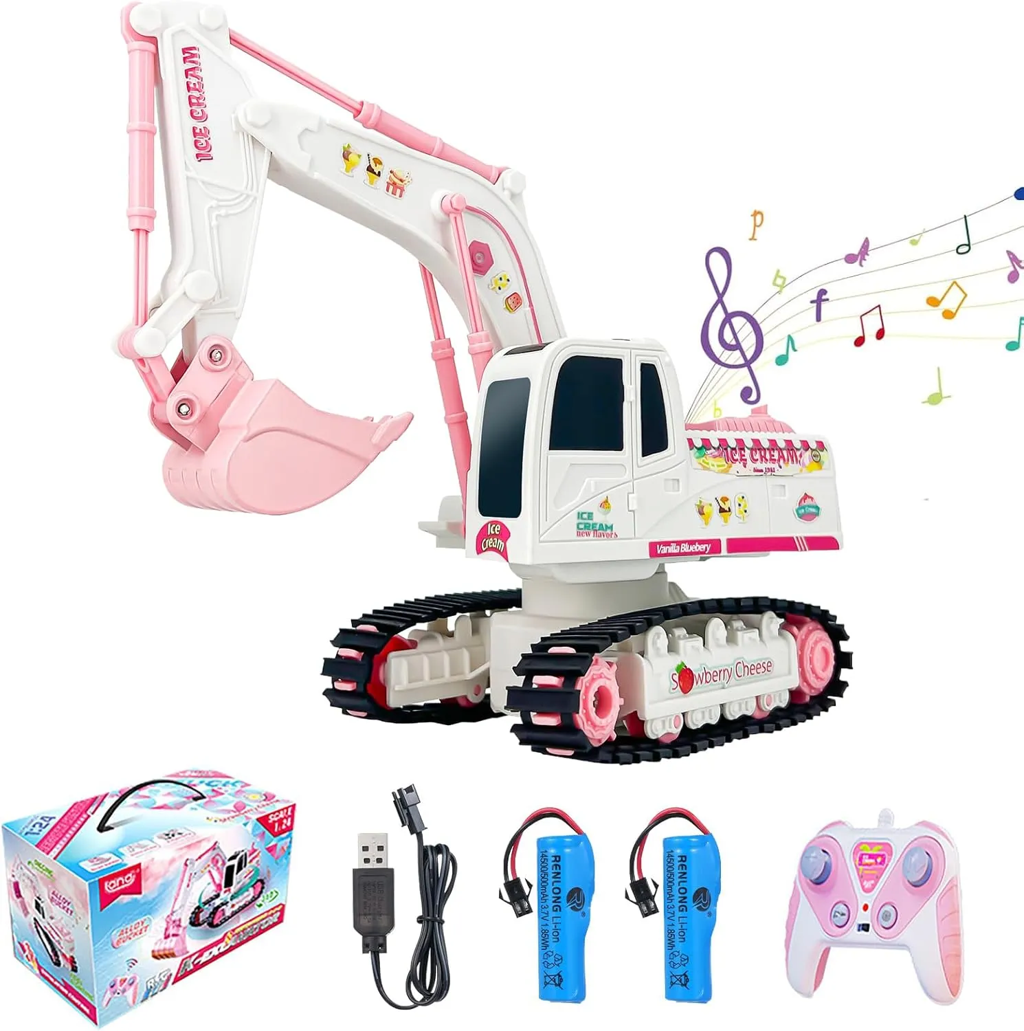 Pink RC Excavator, 6 Channel 2.4Ghz RC Construction Vehicle Toy for Boys Girls 3-12 Year Old, 1:24Scale 360° Rotation Excavator Toy with Light Music & DIY Stickers Birthday Gift for Kids