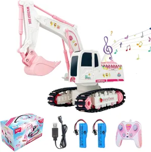 Pink RC Excavator, 6 Channel 2.4Ghz RC Construction Vehicle Toy for Boys Girls 3-12 Year Old, 1:24Scale 360° Rotation Excavator Toy with Light Music & DIY Stickers Birthday Gift for Kids