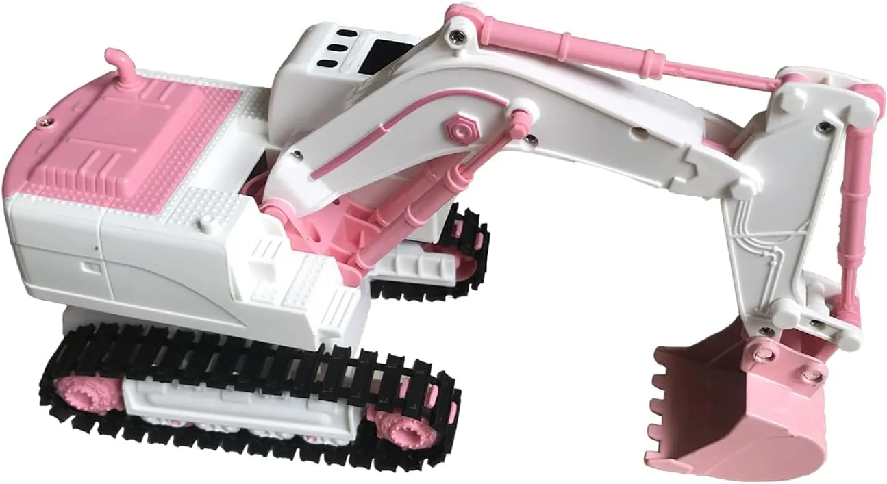 Pink RC Excavator, 6 Channel 2.4Ghz RC Construction Vehicle Toy for Boys Girls 3-12 Year Old, 1:24Scale 360° Rotation Excavator Toy with Light Music & DIY Stickers Birthday Gift for Kids