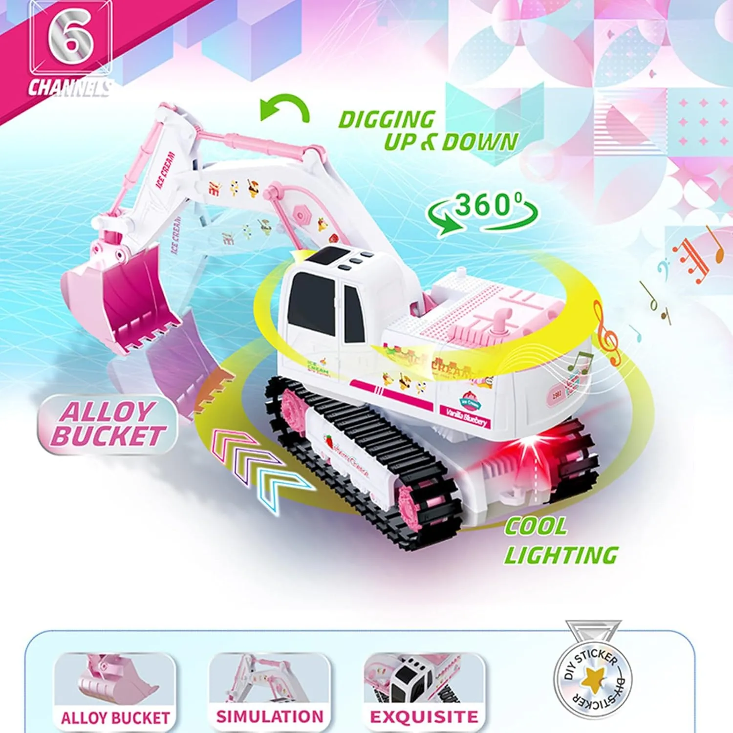 Pink RC Excavator, 6 Channel 2.4Ghz RC Construction Vehicle Toy for Boys Girls 3-12 Year Old, 1:24Scale 360° Rotation Excavator Toy with Light Music & DIY Stickers Birthday Gift for Kids