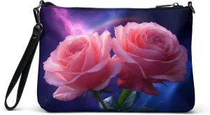 Pink Roses Crossbody Purse, Pretty Flowers Wristlet, Fun Colorful Faux Leather Shoulder Bag, Botanical Art Fashion Accessory