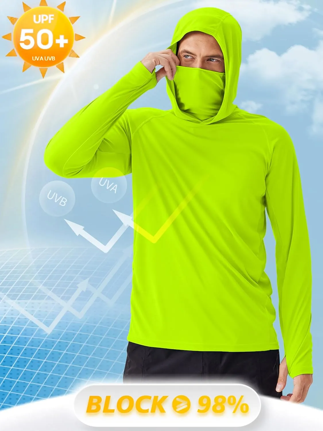 PINSPARK Men's Sun Protection Hoodie with Mask UPF 50  UV Long Sleeve Shirt Men Rash Guard Performance Fishing Hiking Shirt
