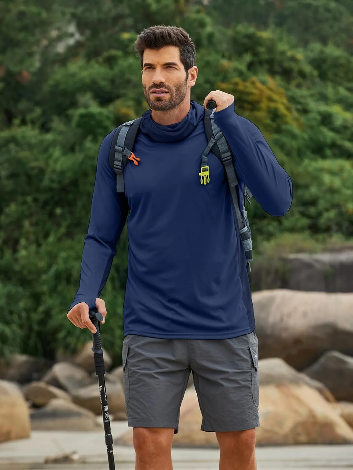 PINSPARK Men's Sun Protection Hoodie with Mask UPF 50  UV Long Sleeve Shirt Men Rash Guard Performance Fishing Hiking Shirt
