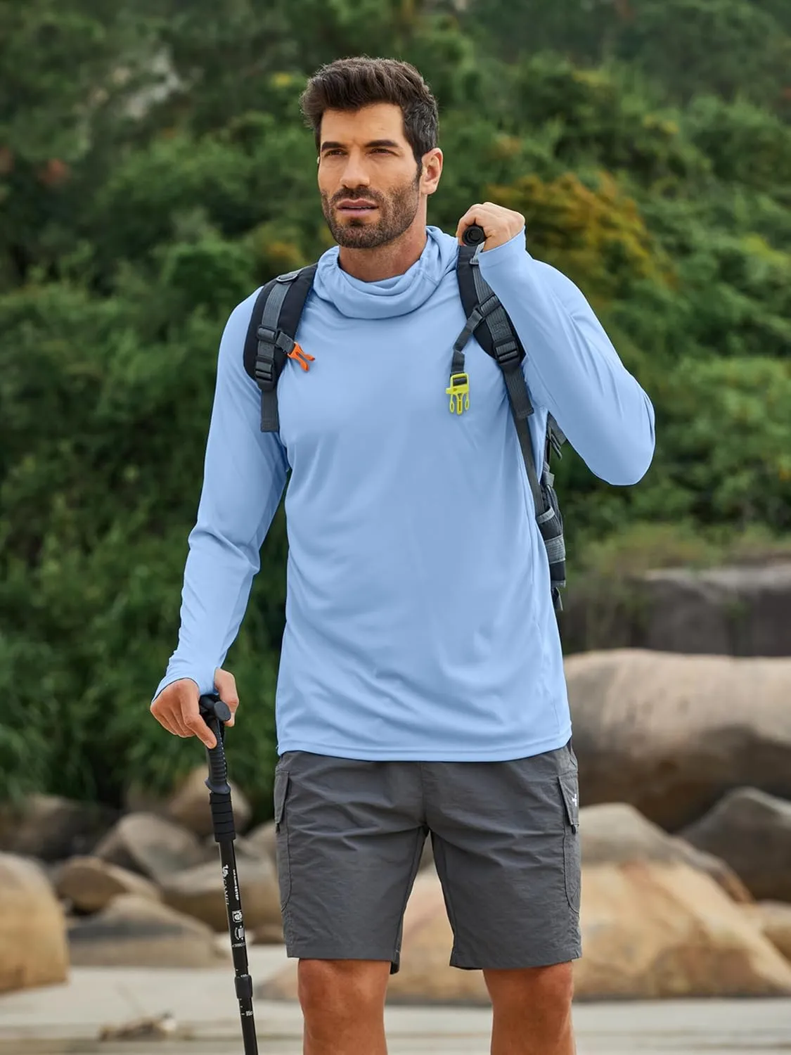 PINSPARK Men's Sun Protection Hoodie with Mask UPF 50  UV Long Sleeve Shirt Men Rash Guard Performance Fishing Hiking Shirt