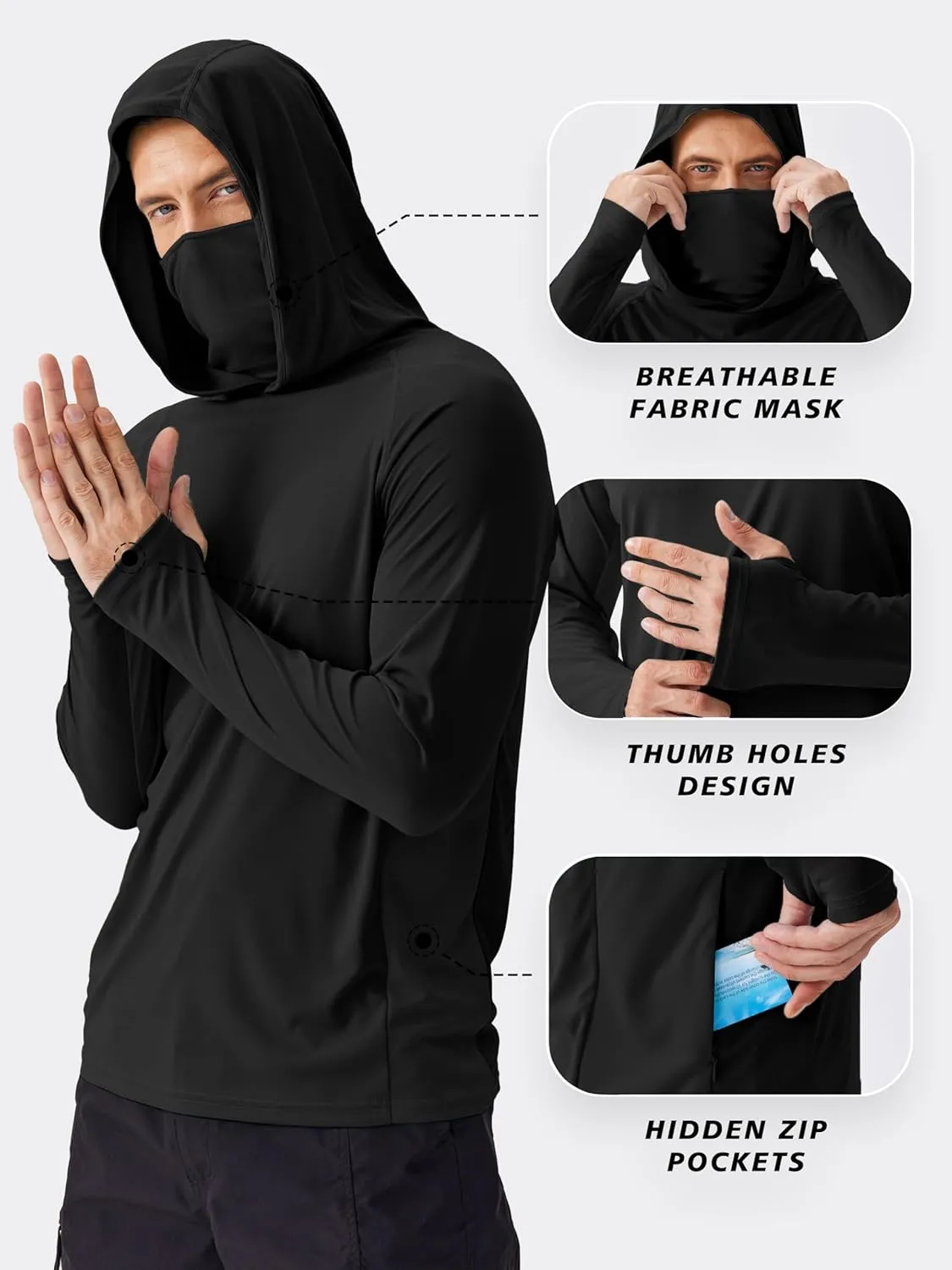 PINSPARK Men's Sun Protection Hoodie with Mask UPF 50  UV Long Sleeve Shirt Men Rash Guard Performance Fishing Hiking Shirt